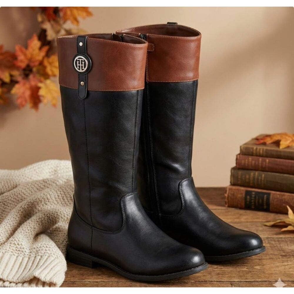 Tommy Hilfiger Riding Boots Black Tan Cognac Side Zip Womens Size 4
